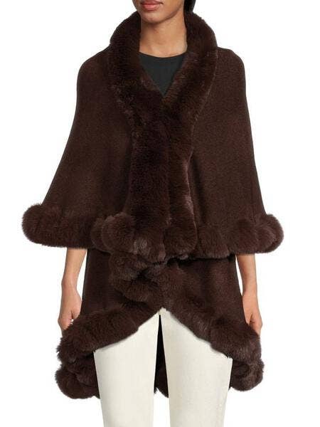 Dark Brown Layered Faux Fur Cape Kimono