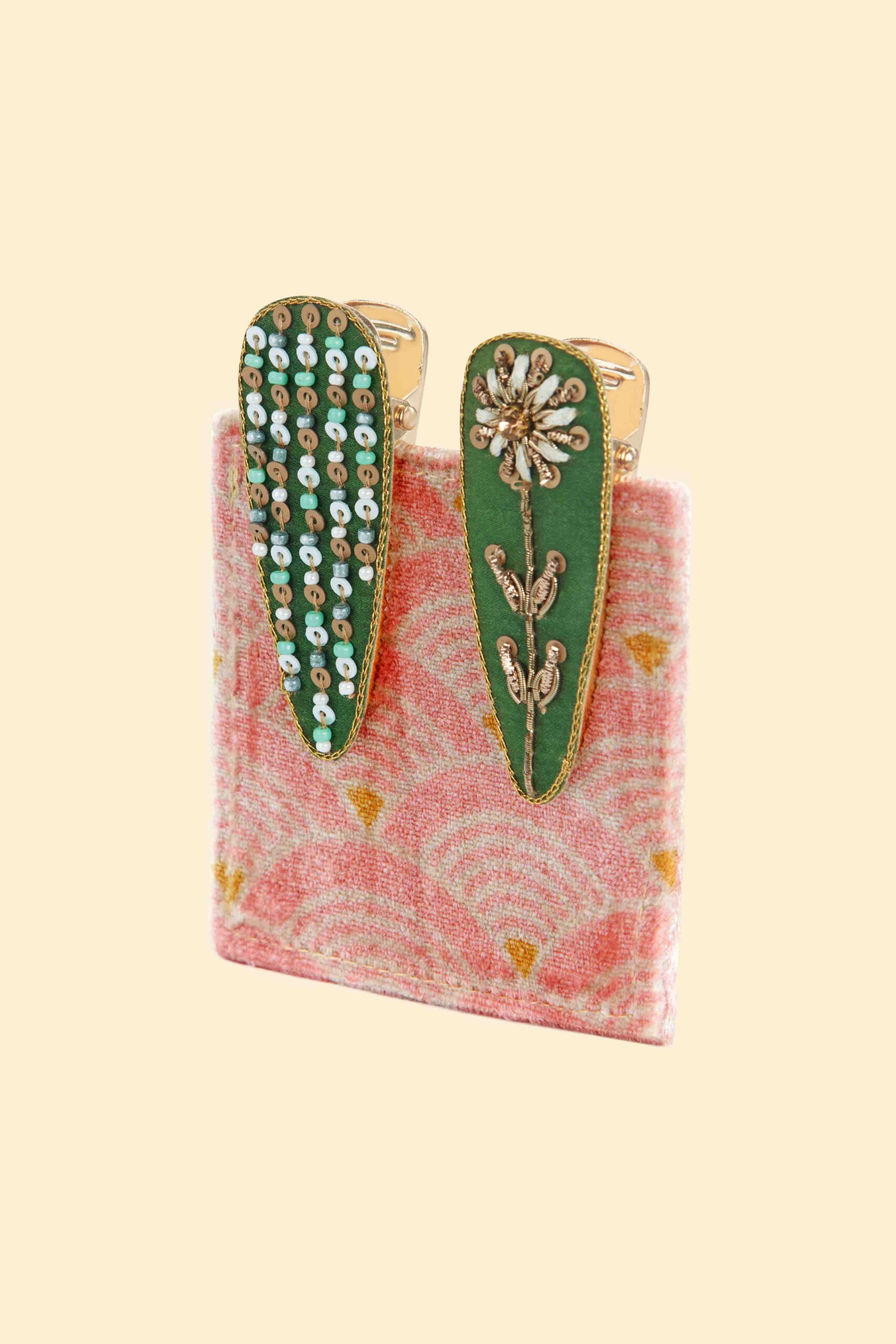 Flower and Stripe - Jeweled Hair Clips (Set of 2)