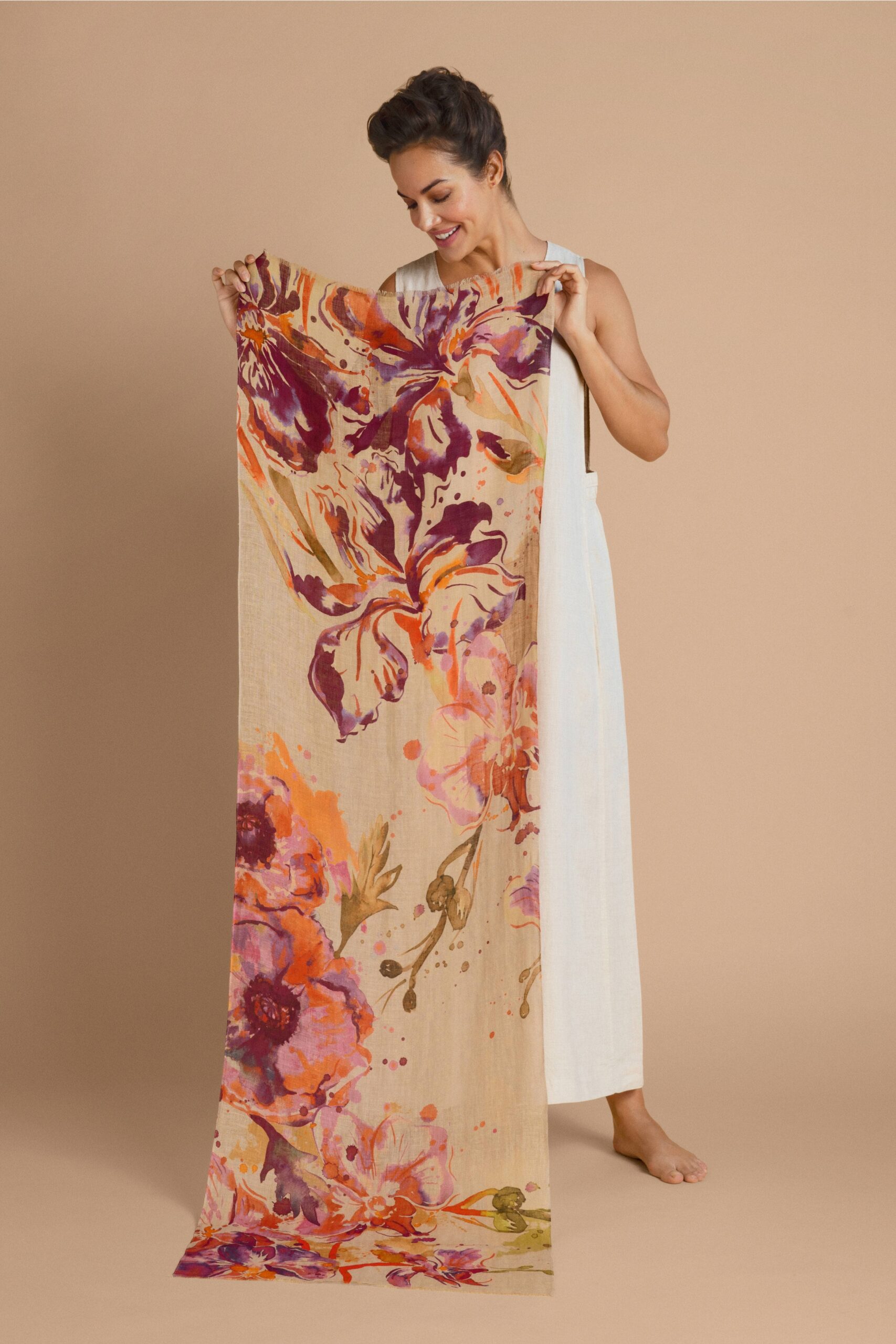 Orchid and Iris in Coconut Scarf - 100% Linen