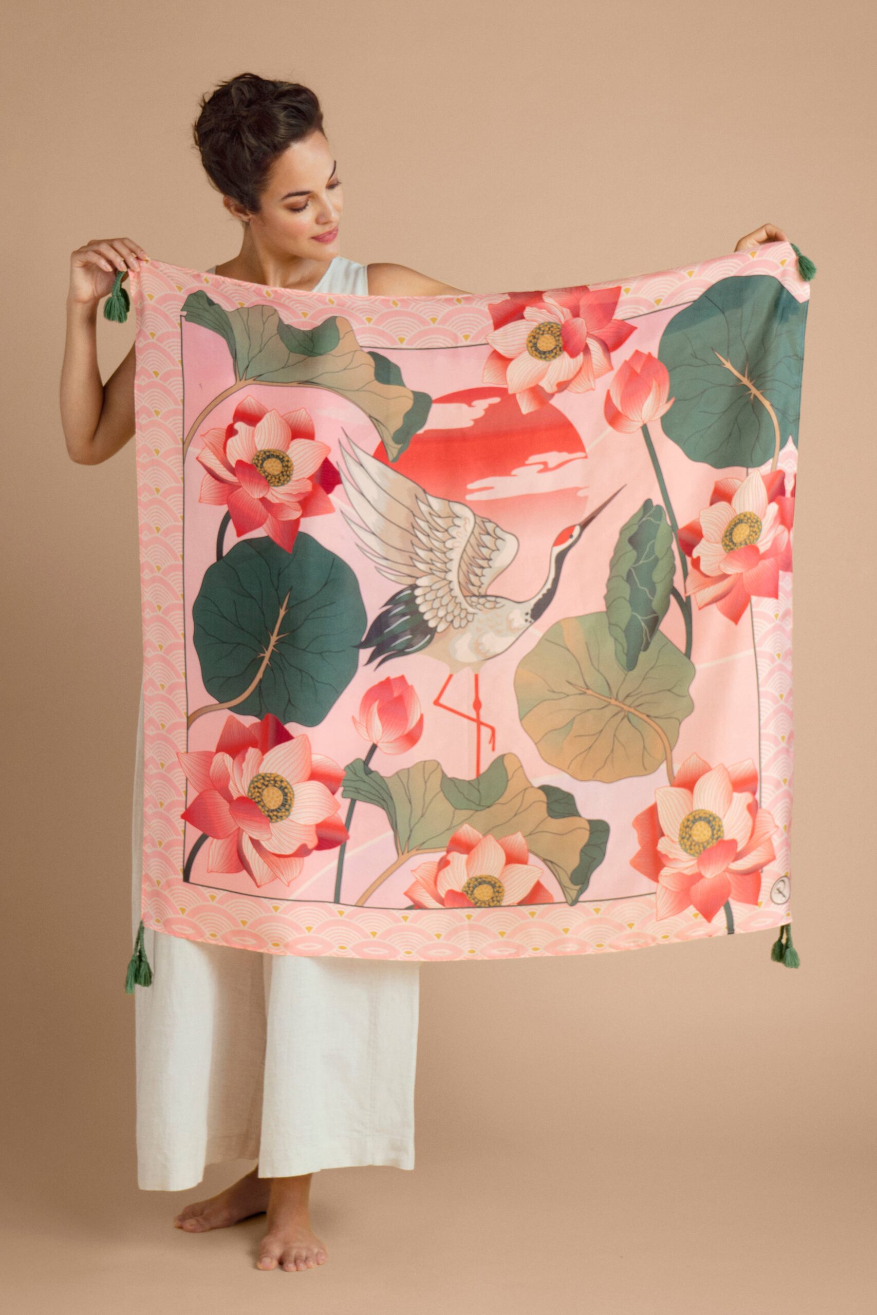 Crane at Sunrise in Petal Scarf - Tasseled 100% Silk