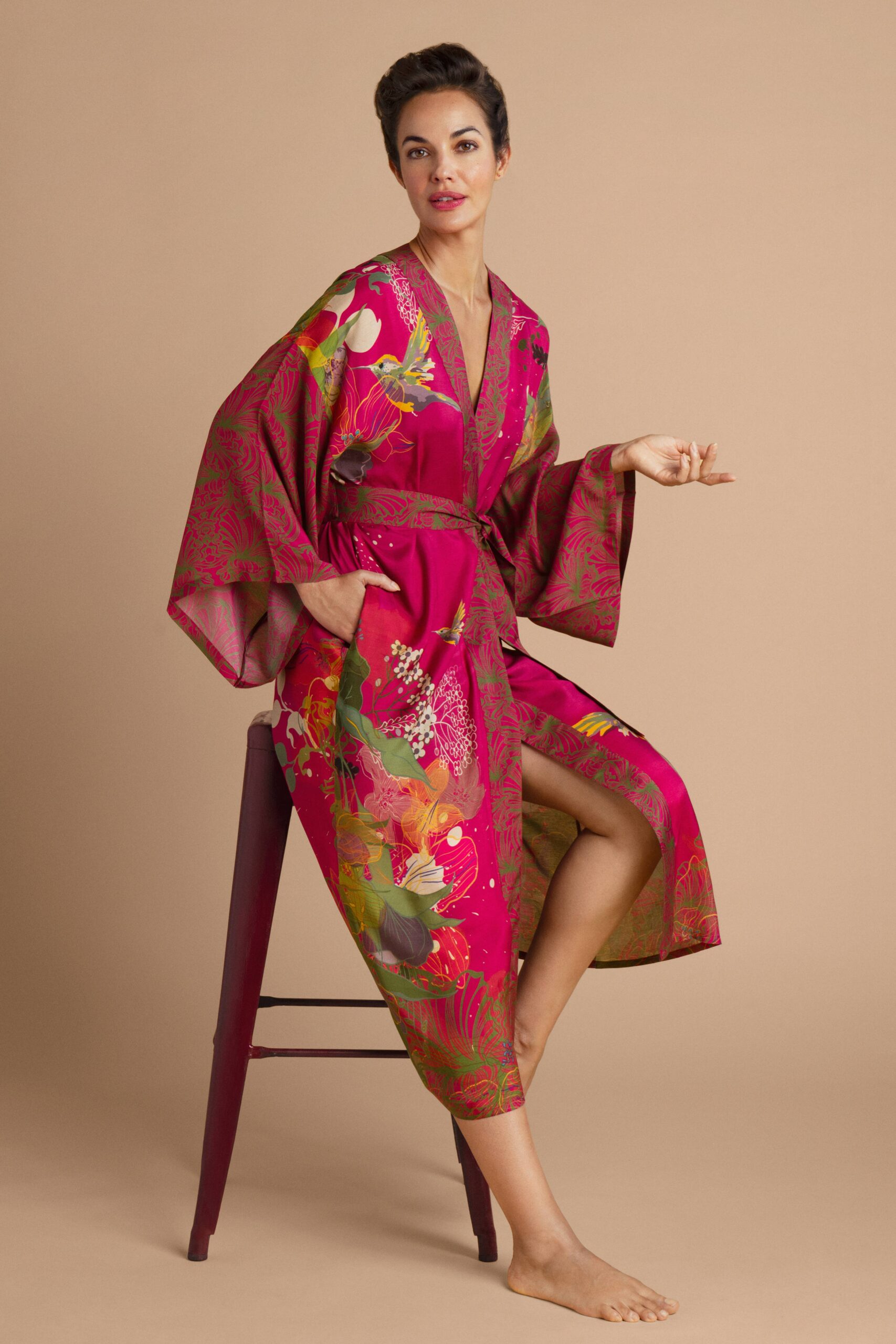 Hummingbird Kimono Gown - Raspberry