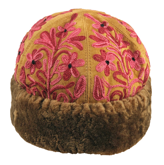 Handmade Beige and Mauve Suede Embroidered Cap/Hat - Medium