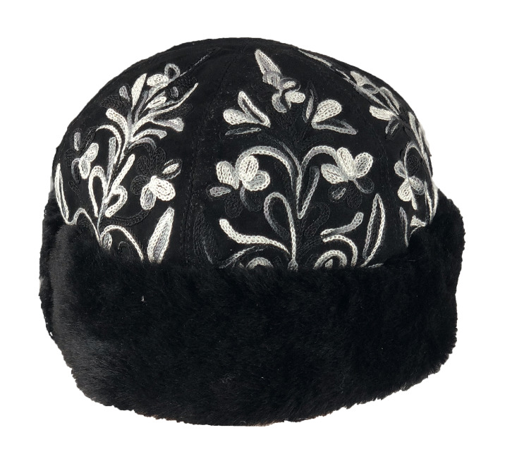 Handmade Black and Gray Suede Embroidered Cap/Hat - Medium
